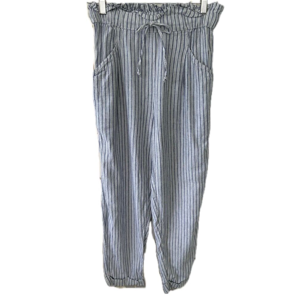 American Eagle Paper Bag Drawstring Linen Blend Striped Cuff Beach Pants S